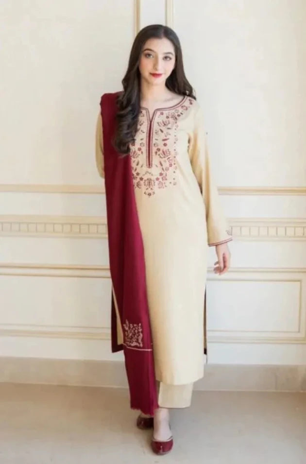 Dhanak 3PC Embroidered Dress With Embroidered Shawl