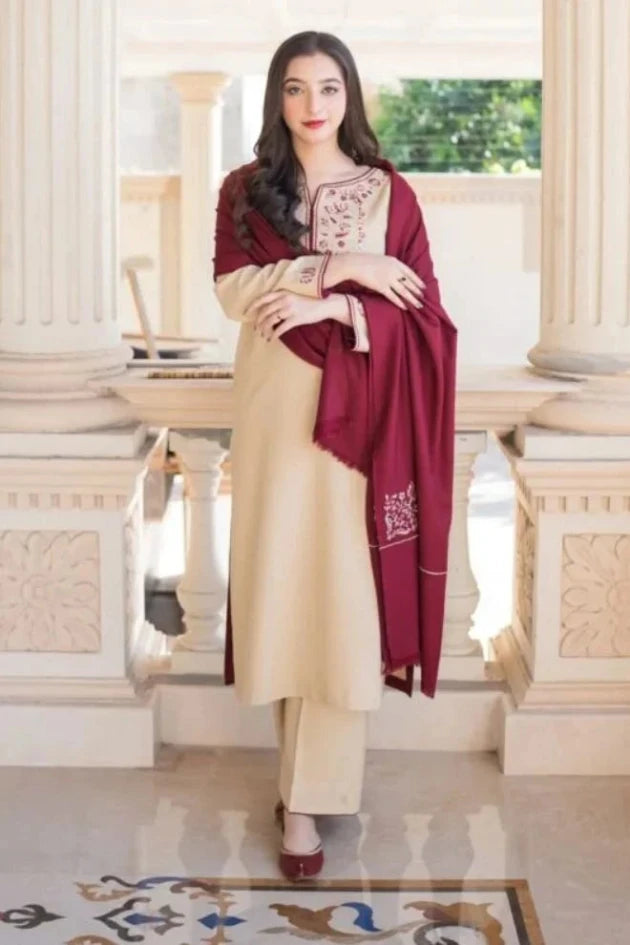 Dhanak 3PC Embroidered Dress With Embroidered Shawl