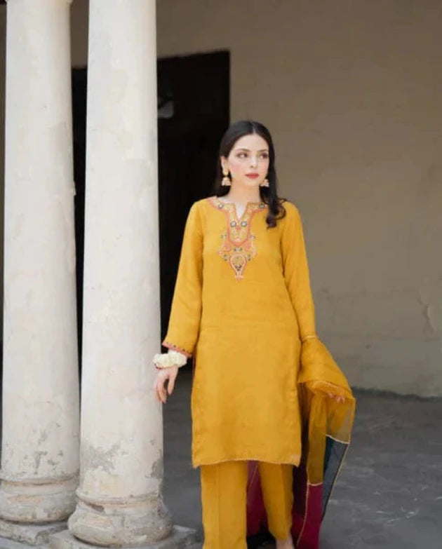 Dhanak 3PC Embroidered Dress With Embroidered Shawl