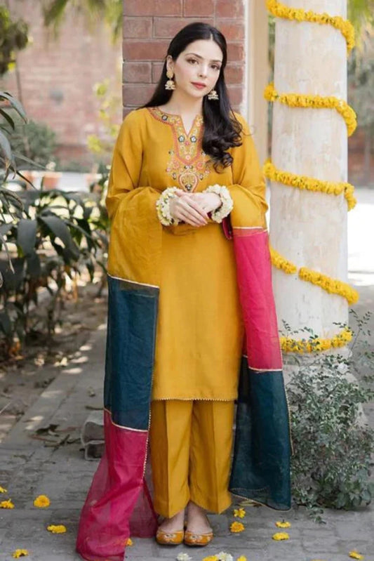 Dhanak 3PC Embroidered Dress With Embroidered Shawl