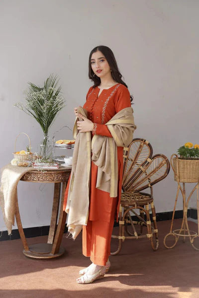 Dhanak 3PC Embroidered Dress With Embroidered Shawl