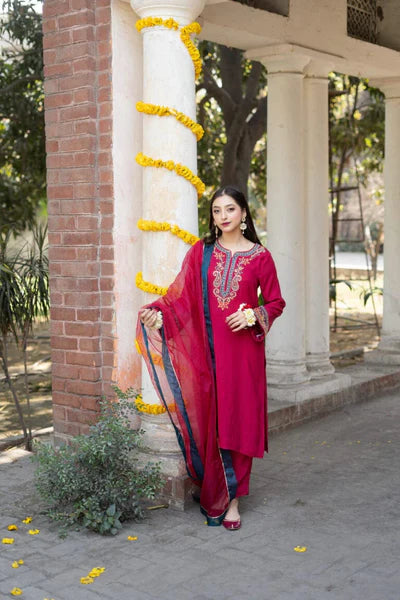 Dhanak 3PC Embroidered Dress With Embroidered Shawl