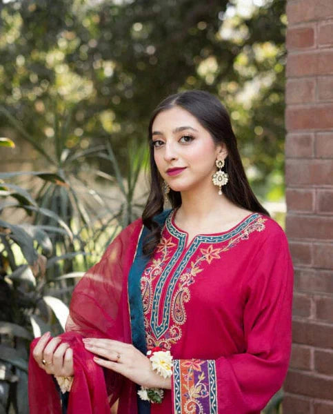 Dhanak 3PC Embroidered Dress With Embroidered Shawl