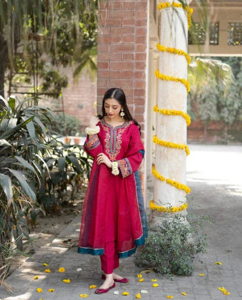 Dhanak 3PC Embroidered Dress With Embroidered Shawl